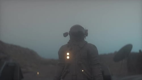 Cinematic Scene of Space Explorer or Astronaut on Rocky Planet With Atmospheric Lighting