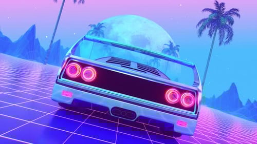 Retro Synthwave Car Animation with Neon Grid Landscape