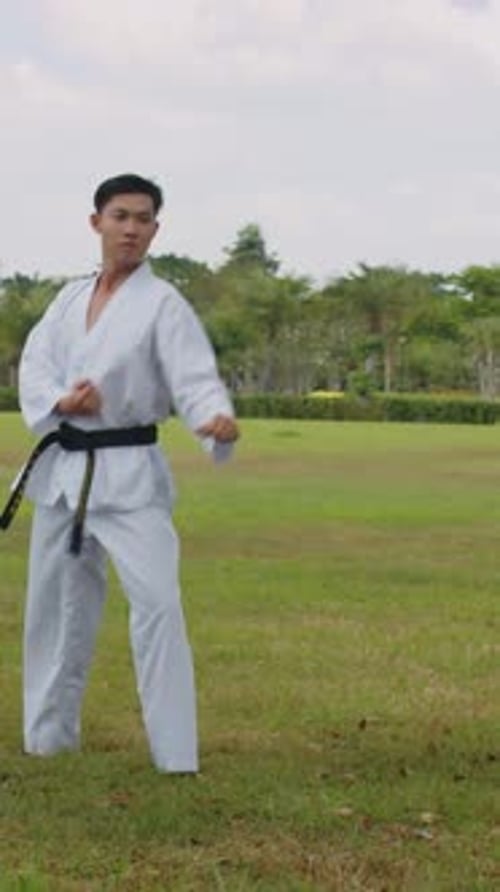 Young Adult Practicing Karate Outdoors