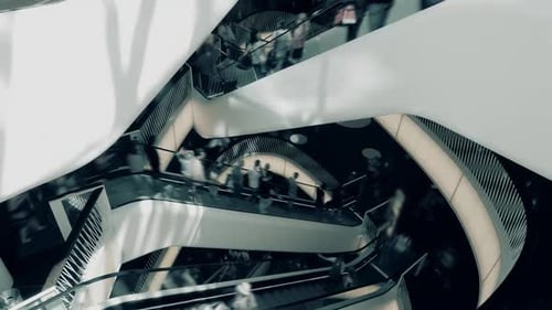 Futuristic Modern Shopping Mall Interior with Sleek Escalators and Intricate Architecture