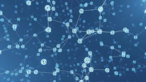 Email symbols network plexus background. Seamless loop. Animated @ signs