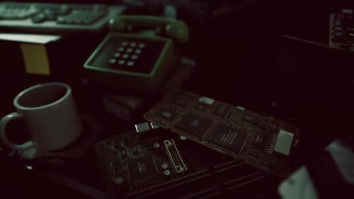 Um espaço de trabalho nostálgico com tecnologia antiga e placas de circuito à noite