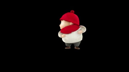 Charming Cartoon Character Walking with Red Scarf and Hat