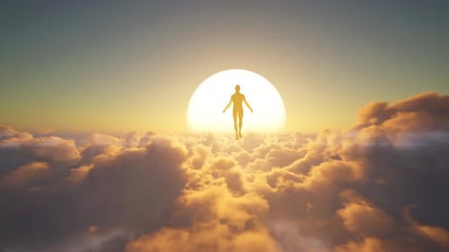 Spiritual Ascension Above Clouds with Glowing Sun