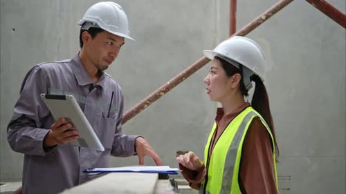 Los ingenieros y la arquitectura inspeccionan y supervisan la construcción de los muros y cimientos de los edificios