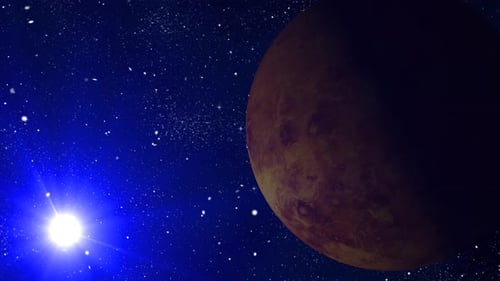Rotierende Venus, Planet, Kugelgalaxie im Weltraum mit Sonnensystem, erstaunlicher Sonnenaufgang über der Venus. 2583
