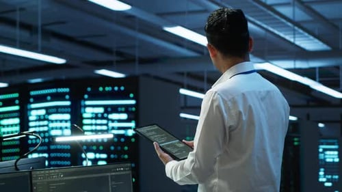 Experto en TI en salas de servidores: seguimiento del tráfico de red con tableta