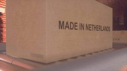 Cardboard Box With Made in Netherlands Text on Conveyor Belt in Warehouse