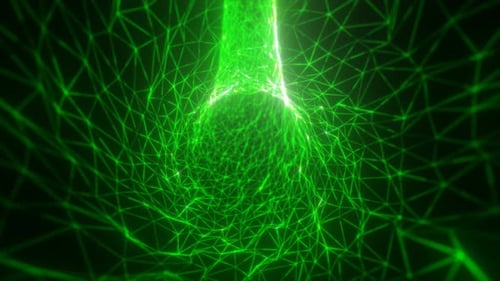 Bright green digital mesh spiraling inward, forming a glowing lattice vortex with dynamic light