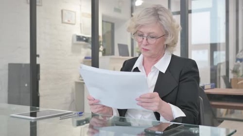 Woman Reviews Paperwork in Corporate Office Setting
