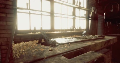 Woodworking Workshop with Tools and Sunlight Streaming Through Windows
