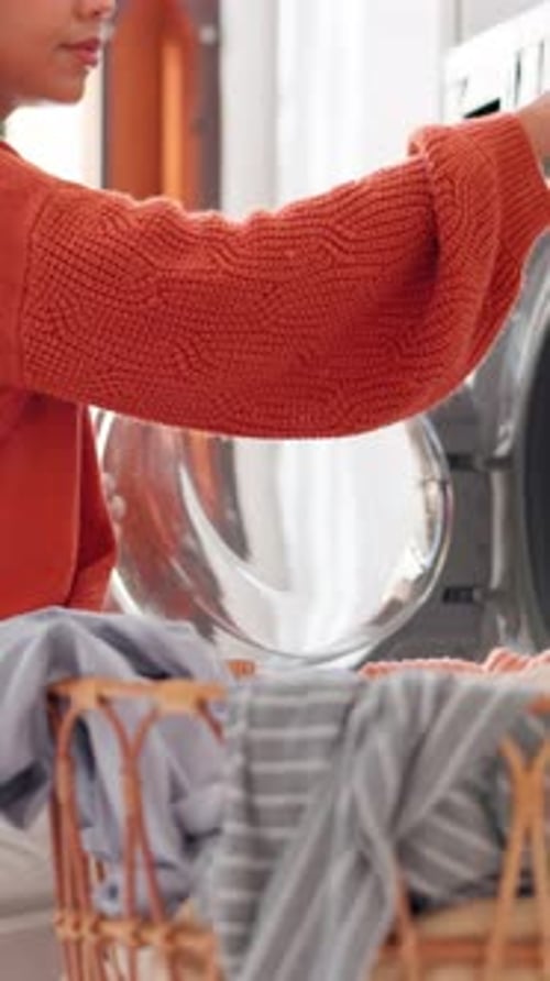 Housework, laundry or woman in house with machine, hygiene or fresh scent in spring cleaning