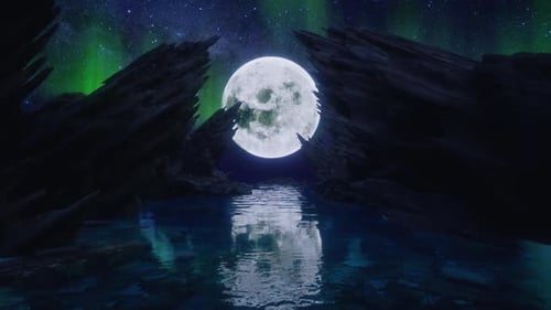 Mystical Night Landscape with Full Moon and Aurora Borealis