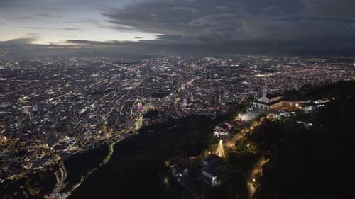 Night time drone shot overlooking the city of Bogota, Colombia