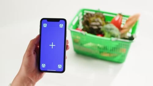 Food Shopping Delivery Online Shop Application Smartphone with Blue Chroma Key Screen and Fresh