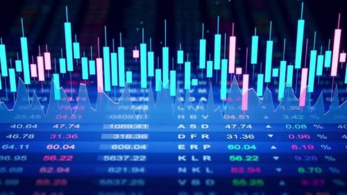 Looped 3D animation of glowing candlestick charts and market data.
