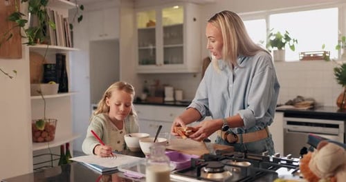 Breakfast, child and mom packing lunch box in home with sandwich, love and food for back to school
