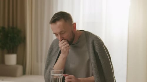 Ill Man Coughing and Taking Medicine at Home