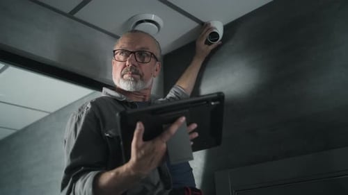 Male Technician Uses Tablet Computer to Set Up Surveillance Camera in Office Room