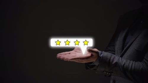 customer service concept. business person displays a sign to review a service.