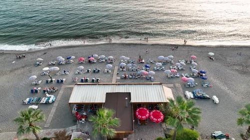 Beach Cafe on the Mediterranean Coast Aerial View 4 K