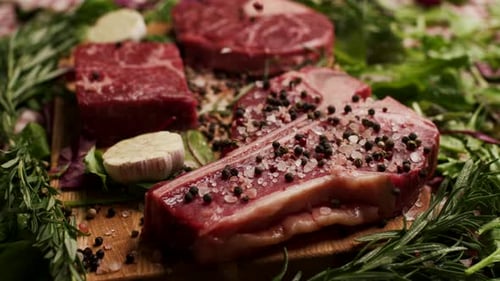 Assortment of Fresh Raw Meat Cuts with Herbs