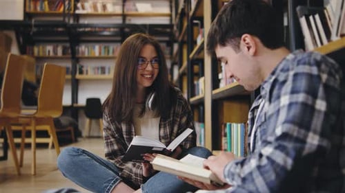 Couple Enjoying Reading Together in a Cozy Library Corner During an Afternoon Study Session