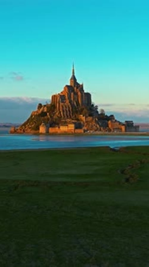 Aerial View of the Famous Historic Abbey Mont Saint Michel Historic Monastery with Tidal Flats