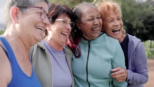 Happy senior people women after sport exercise workout having fun outdoors at park city. Elderly