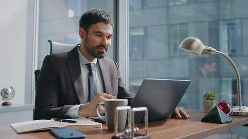 Enthusiastic Worker Talking Online Conference in Office Close Up Man Video Call