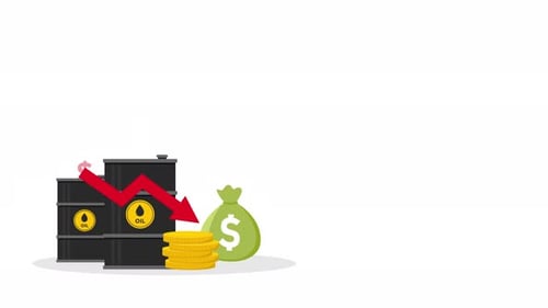 Animated oil barrels and money with a downward arrow symbolizing falling oil prices.