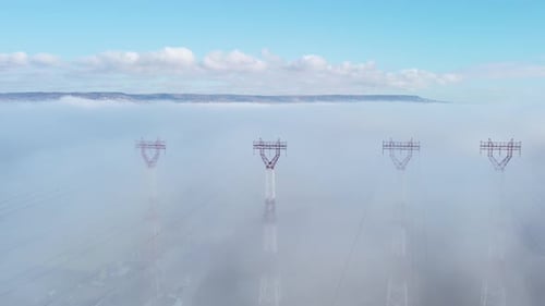 Aerial View of Cranes in Port Industrial Zone in Morning Fog