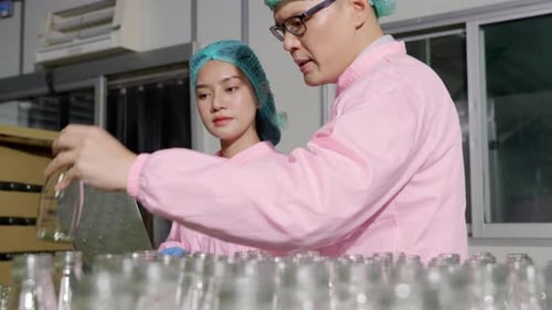 Deux ingénieurs supervisent le contrôle qualité en vérifiant les bouteilles de produits sur le tapis roulant d'une usine de boissons