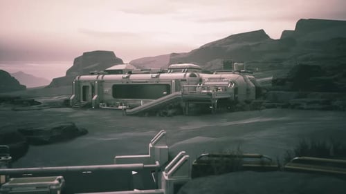 Exploring a Colonist Base on a Distant Planet Under a Hazy Sky at Dusk