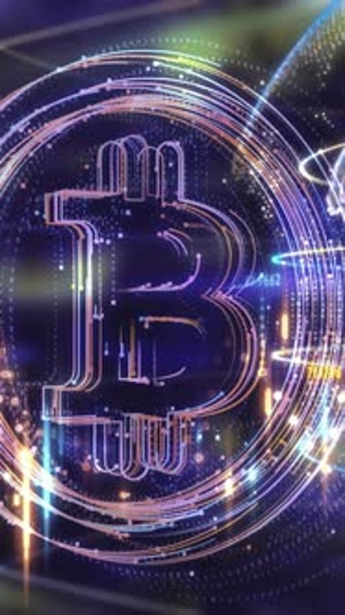 Neon Bitcoin Symbol With Digital Data And Lines Animation