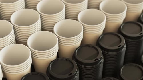 Modern Panning Animation of Stacked Disposable Coffee Cups and Lids