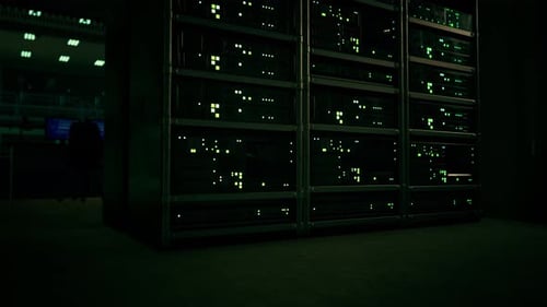 Network Server Room with Servers Running Processes