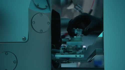 Work in a dark laboratory. Stock footage. Sophisticated equipment for the research