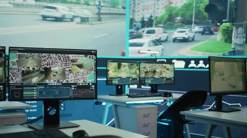 Government Satellite CCTV System in Monitoring Room with Traffic Surveillance
