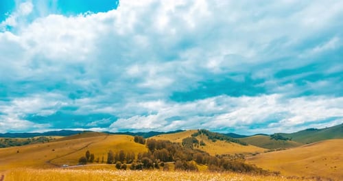 Mountain Meadow Timelapse at the Summer or Autumn Time Wild Nature and Rural Field Fast Clouds
