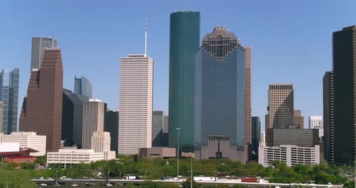 Houston Texas Skyline Zooming In Daytime Clear Sky