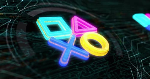 Glowing 3D Gaming Symbols on a Futuristic Tech Background