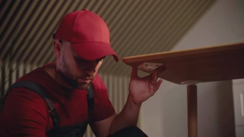 Repairing a Wooden Table with Tools in a Cozy Interior Setting