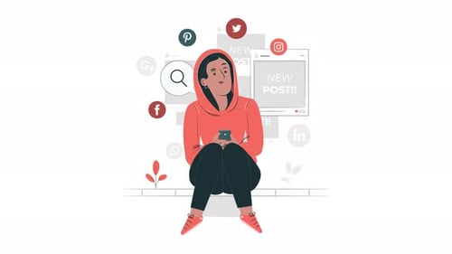 Animated Flat Design Illustration: Person Interacting with Social Media Icons