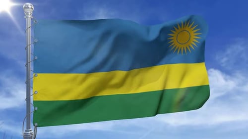 Realistic Waving Flag of Rwanda Against Blue Sky
