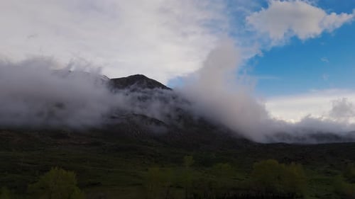 Drone view foggy day mountains