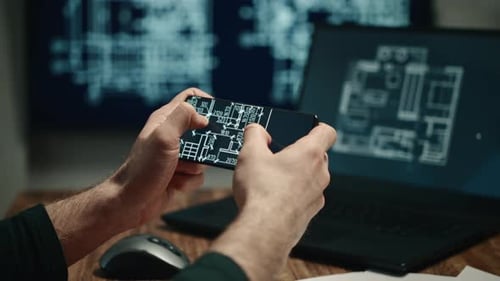 The Video Shows Male Hands Holding a Smartphone and Working on a Laptop with Building Plans or