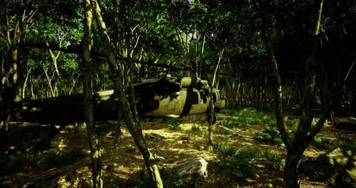 Helicopter Cautiously Rests Amidst Dense Greenery in Tranquil Forest