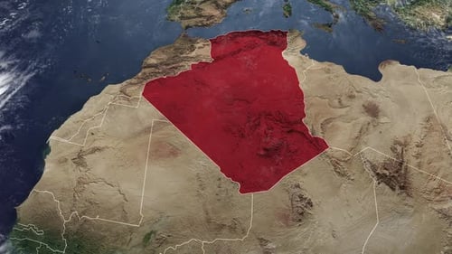 Global Map Zoom and Highlight of Algeria with Capital City Label