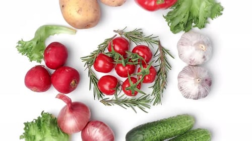 Organic Vegetables Whole Edible Plant Heap Healthy Food Cooking Recipe Top View Rotation Isolated